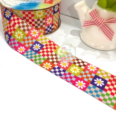 Fita SINIMBU 38mm Xadrez margarida cores fortes - por metro - comprar online