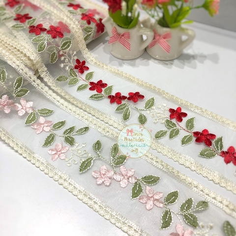 Fita renda bordada bege com flores luxo - por metro - comprar online