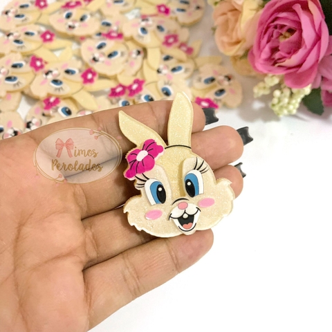 Aplique Coelha de acrílico glitter com flor - unidade