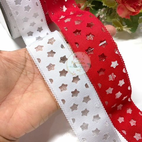 Fita vazada estrelas com voal glitter 38mm - por metro