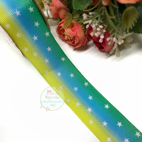 Fita 38mm estampada Brasil degradê com estrelas - por metro