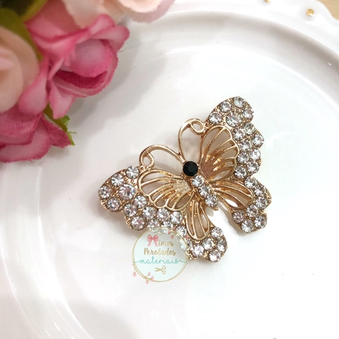 Chaton broche borboleta com cristais e detalhe preto - unidade