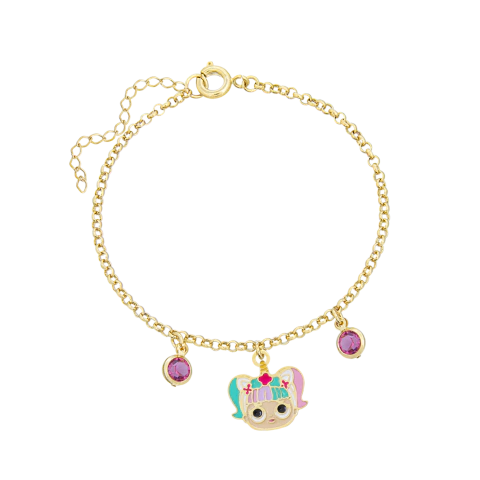 Pulseira Infantil Boneca Unicórnio Resinada com Pedras Folheado a Ouro