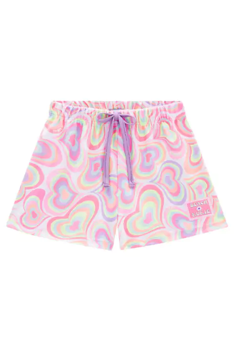 Shorts Infantil em Plush Atoalhado Coração Arco-íris - Kukiê