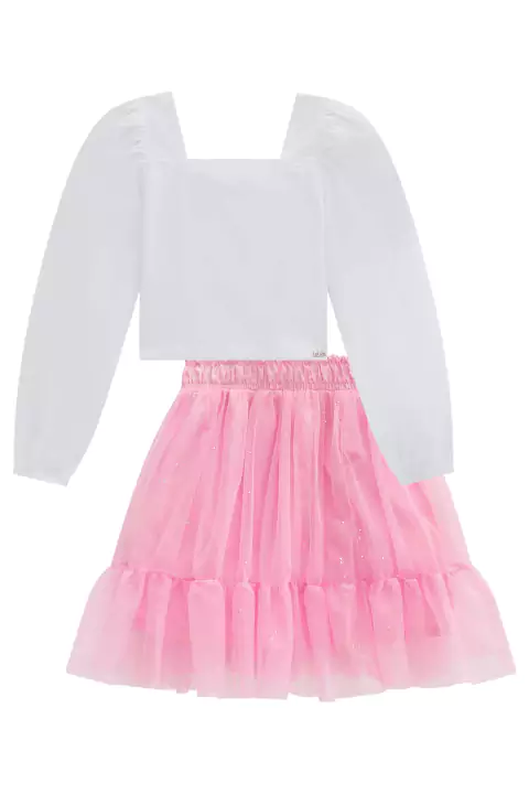 Conjunto Infantil Blusa Boxy em Tricoline c/Aplique de Pérolas e Saia em Tule Brilho - Kukie