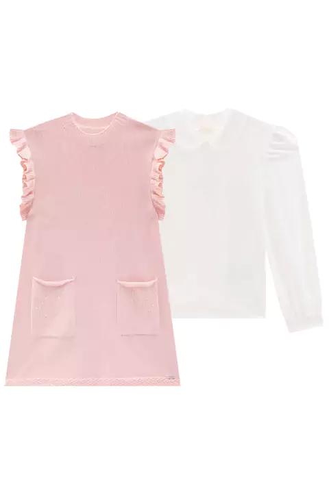 Vestido Infantil em Tricot Bolsinhos Frontal Strass e Blusa em Cotton Princess by Infanti