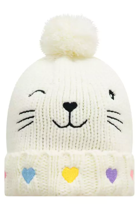 Gorro Touca Infantil em Tricot Gatinho/Corações Bordados Orelhinha Pompom - Kukie