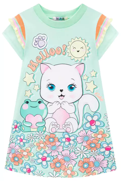 Vestido Infantil em Neo Fresh Gatinha Helloo - Kukiê