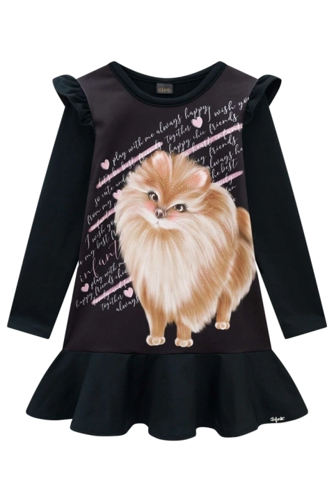 Vestido Infantil em Thermoskin Babado Estampa Dog Lulu com Aplique de Strass - Infanti
