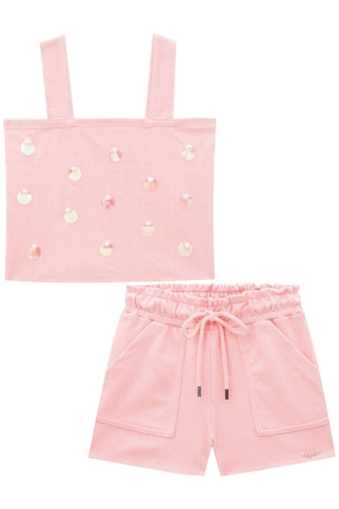 Conjunto Infantil em Malha Canelada Blusa Cropped com Aplique de Pérolas e Paetês e Shorts com Bolso - Infanti -