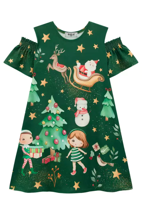 Vestido Infantil em Malha Fresh Natal Detalhe nos Ombros Festas Kukiê