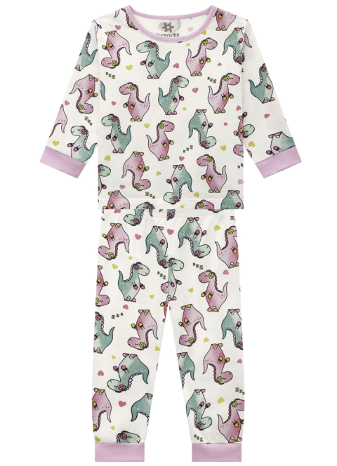 Conjunto Pijama Infantil ML em Malha Estampa de Dinossauro Feminino - Brandili
