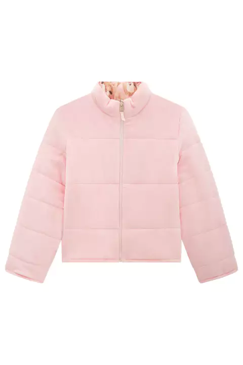 Jaqueta Infantil Dupla Face Estilo Puffer Alongada em Nylon e Veludo Ursinha - Infanti