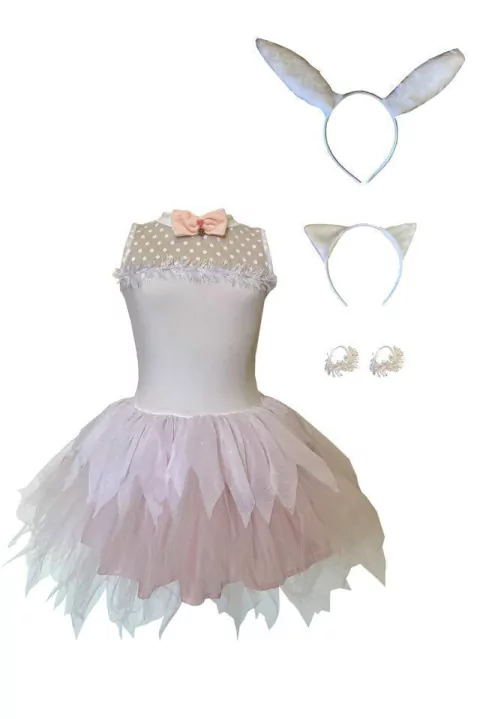 Fantasia Infantil Gatinha e/ou Coelhinha Branco e Rosa com Tiara e Pulseirinhas - Fanfarrinha