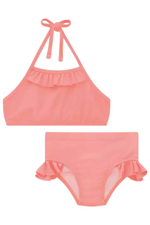 Conjunto de Biquíni Infantil em Malha UV DRY com Proteção UV 50 + Babados Rosa - Infanti
