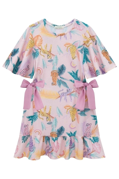 Vestido Infantil em Malha Canelada Estampado Oncinhas - Flora by Infanti