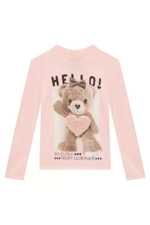 Blusa Infantil Manga Longa em Cotton Ursinha Teddy com Coração em Pelinhos - Kukie