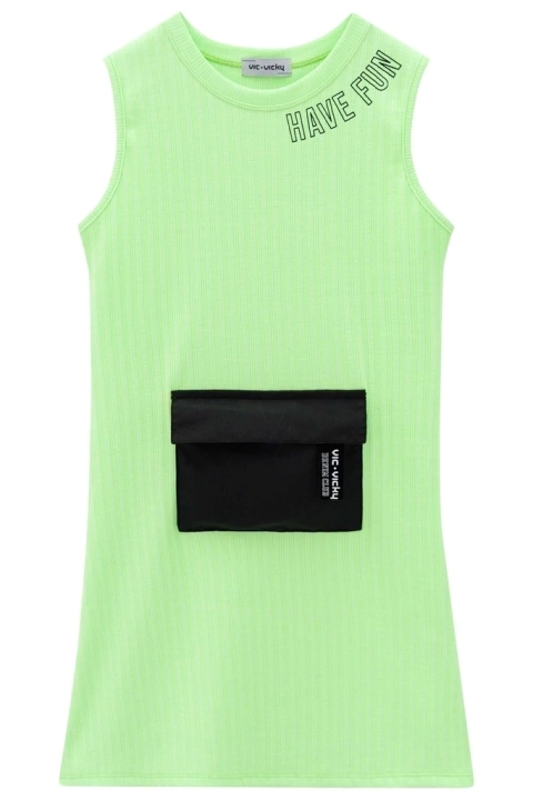 Vestido em Malha Canelada Verde Neon Bolso Frontal - Vic-Vicky