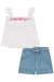 Conjunto Infantil Blusa em Tricoline Rosas c/Aplique de Pérolas e Shorts em Jeans Liz Princess by Infanti