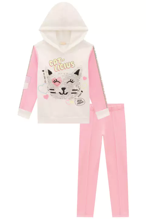 Conjunto Infantil Blusão Alongado em Moletom Peluciado Gatinho Paetês Reversível e Legging em Termoskin Peluciado - Infa