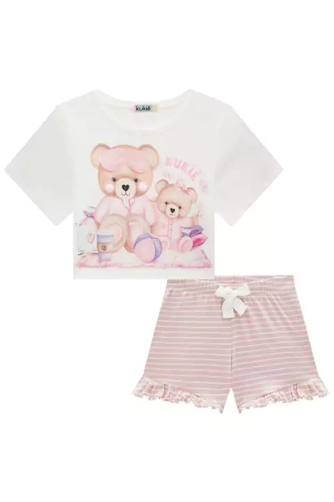 Conjunto Pijama Infantil Blusa Boxy Over em M. Malha Ursinhas e Shorts em Malha Confort Listrada - Kukiê