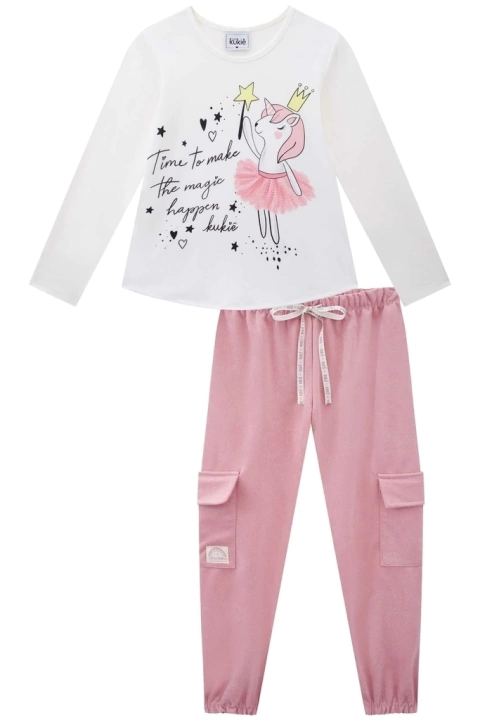 Conjunto Infantil Blusa ML em Cotton Unicórnio Bailarino e Calça Jogger Suede Bolsos Lateral - Kukie