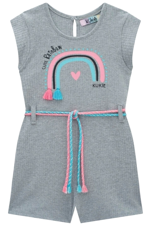 Macaquinho Infantil em Malha Canelado Arco-íris c/Cinto Cordão - kukie