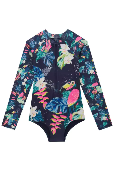 Maiô Infantil Manga Longa em Malha UV DRY Estampa Floral Tucano com Proteção UV 50 + Flora by Infanti