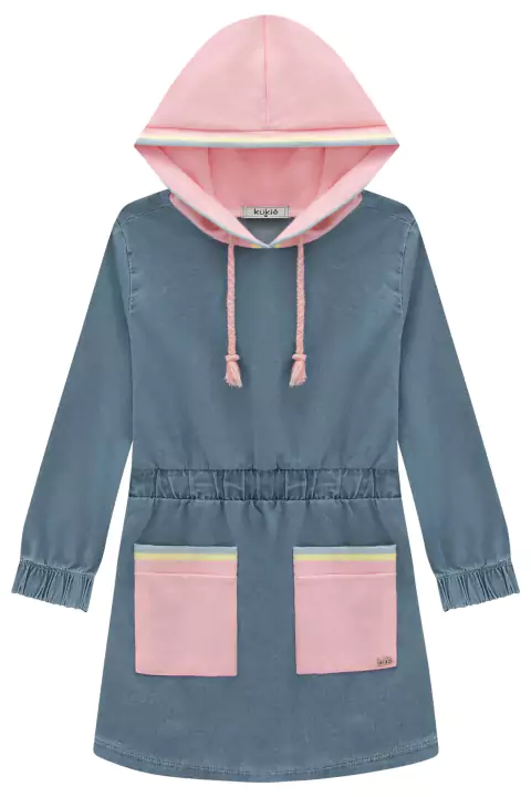 Vestido Infantil em Jeans Liz e Capuz em Moletom s/Pelúcia