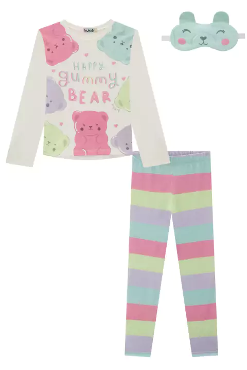 Conjunto Pijama Infantil Blusa em Meia Malha Ursinhos Happy e Calça em Malha Fresh Listrada c/Tapa Olho - Kukie
