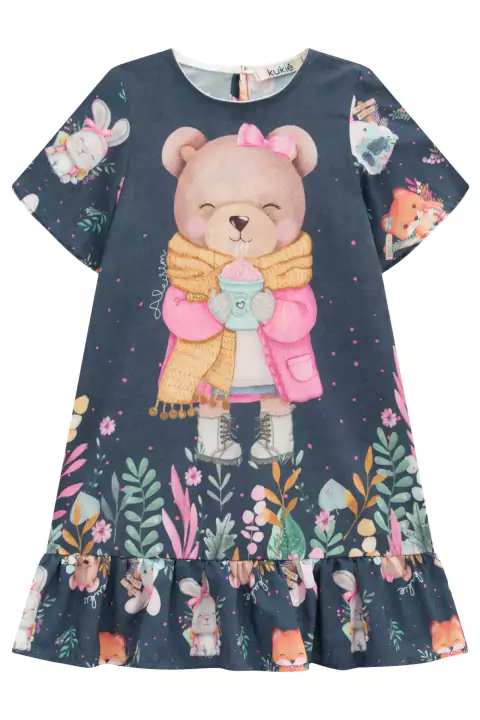 Vestido Infantil em Light Peach Ursinha Winter Alecrim by Kukie