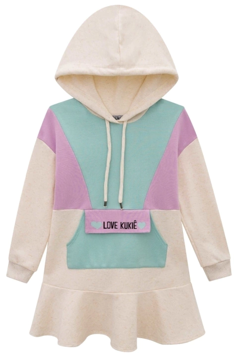 Vestido em Moletom sem Pelúcia Babado Tricolor Lilás c/Capuz - Kukie
