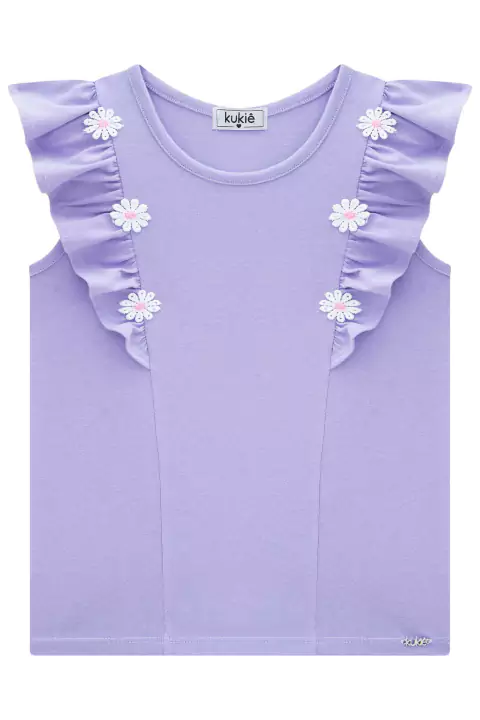Blusa Infantil Regata em Cotton Babadinhos e Aplique de Florzinhas - Kukiê