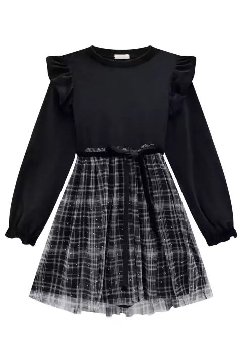 Vestido Infantil em Veludo c/Tule Quadriculado e Aplicação de Strass Princess By Infanti
