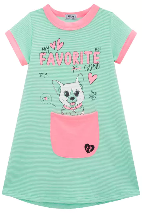 Vestido Infantil em Malha Canelada Bolsinho My Pet Favorito - Kukie