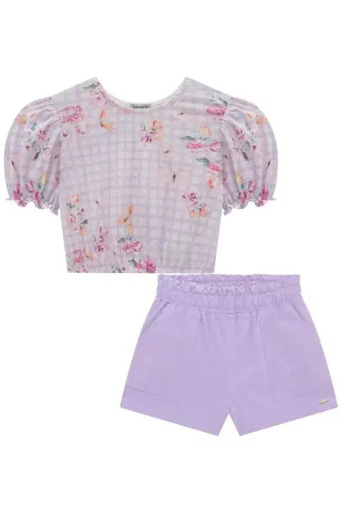 Conjunto Infantil Blusa Boxy em Malha Fresh Floral Xadrez e Shorts em Sarja Flora by Infanti