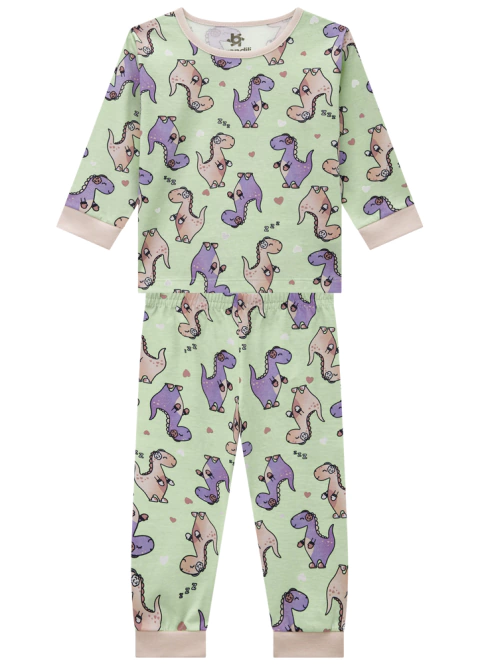 Conjunto Pijama Infantil ML em Malha Estampa de Dinossauro Feminino - Brandili