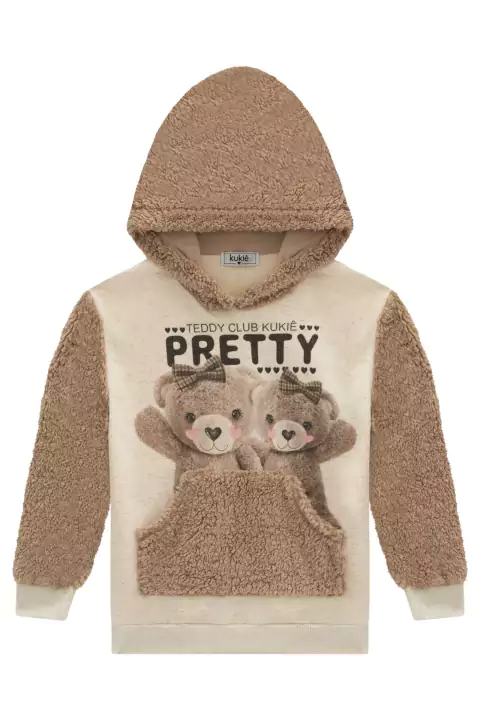 Blusão Infantil Alongado em Motetom Linho c/Capuz Pelo Carneirinho Ursinho Teddy - Kukie