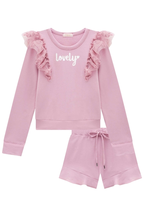Conjunto Infantil em Blusa ML e Shorts em Molevisco Detalhes em Tule no Ombro - Infanti