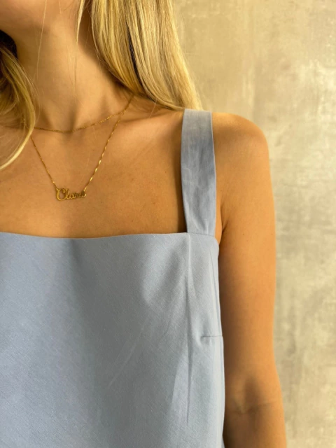 BLUSA DECOTE RETO EM TRICOLINE AZUL RESORT