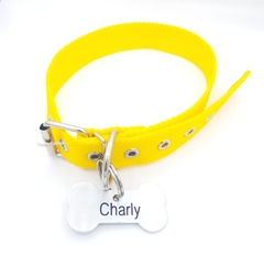 Chapita super hueso grande + collar amarillo grande