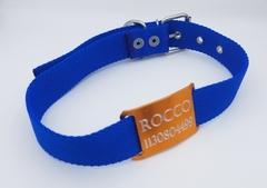 Chapitas Perros Pasador NARANJA Con Collar AZUL De 3cm - Medallas para Perros