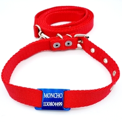 Chapita pasador para collares de 2cm de ancho azul + Collar + Correa Rojas