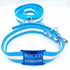 Chapita pasador para collares de 3cm de ancho Azul + Correa y Collar de Argentina
