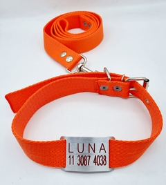 Chapita Pasador + collar y Correa NARANJA 3cm de ancho - comprar online