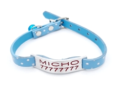 Chapita pasador para gatos + Collar de lujo celeste