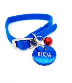Chapita Perro Chico O Gato De Color azul + Collar 1 Cm Elastizado azul - Medallas para Perros