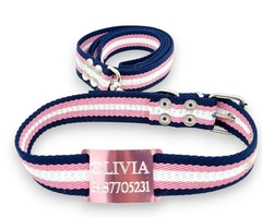 Chapitas Perros Pasador Rosa + Collar + Correa ELEGANTE De 3cm de ancho - Medallas para Perros