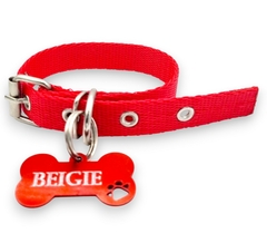 Chapita Perros Hueso Grande Color + Nombre Y Telefono + C ROJO 2CM - Medallas para Perros