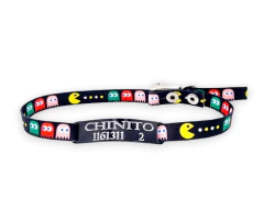 Chapita Gato Negro + Collar 1cm Estampado Pacman - Medallas para Perros